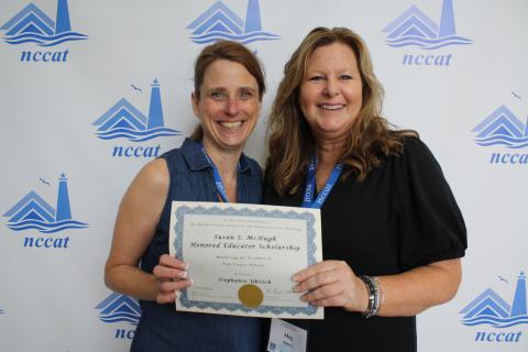 Stephanie Uhrich was recently recognized at the NCCAT Cullowhee campus during the "Launch-Explore-Discuss: Task-Based Learning in the Elementary Math Classroom" program. She is pictured with NCCAT presenter Meg McKee, highlighting the commitment to professional development and innovative teaching practices that the NCCAT fosters.