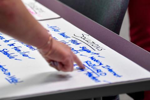 Person pointing to professional development white board.